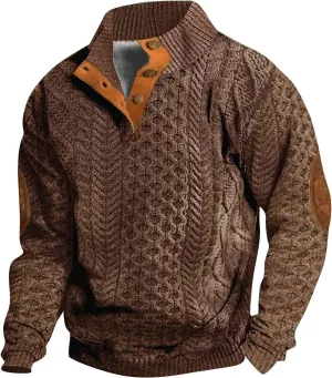 Mens Casual Twist Pattern Pullover Sweatshirts Long Sleeve Cable Knit Sweater Stand Collar Button Up Thermal Pullover