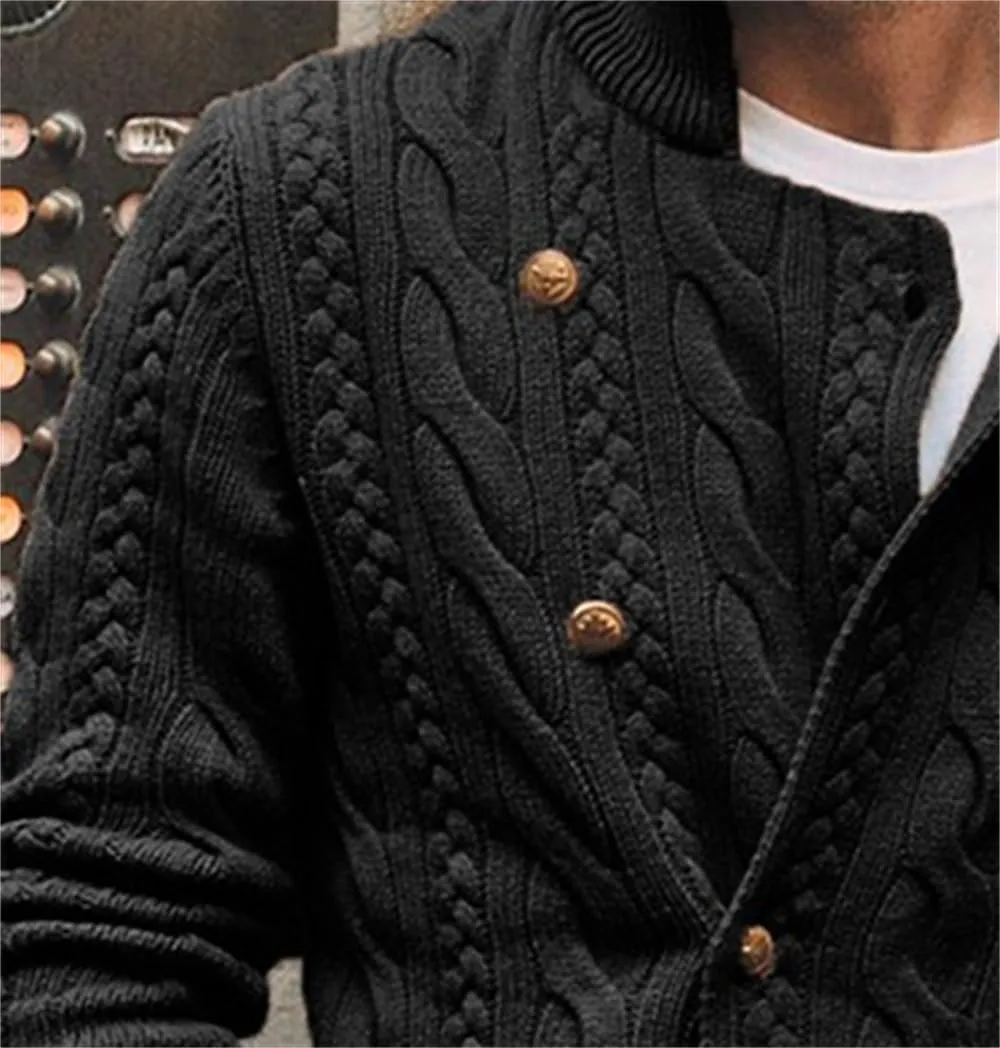 Mens Double Breasted Cardigan Sweaters Slim Fit Casual Stand Collar Cable Knit Button Down Sweaters Outwear