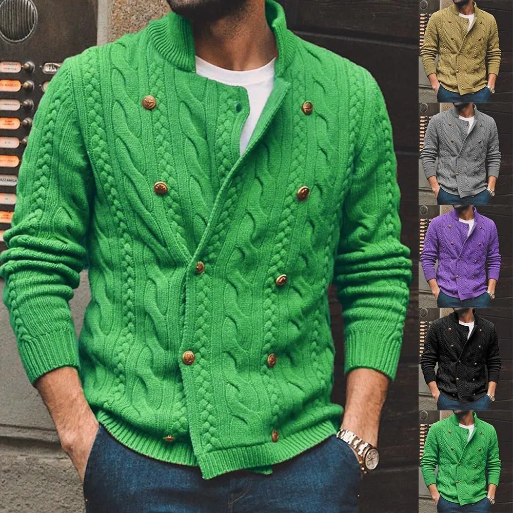 Mens Double Breasted Cardigan Sweaters Slim Fit Casual Stand Collar Cable Knit Button Down Sweaters Outwear