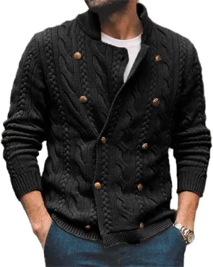 Mens Double Breasted Cardigan Sweaters Slim Fit Casual Stand Collar Cable Knit Button Down Sweaters Outwear