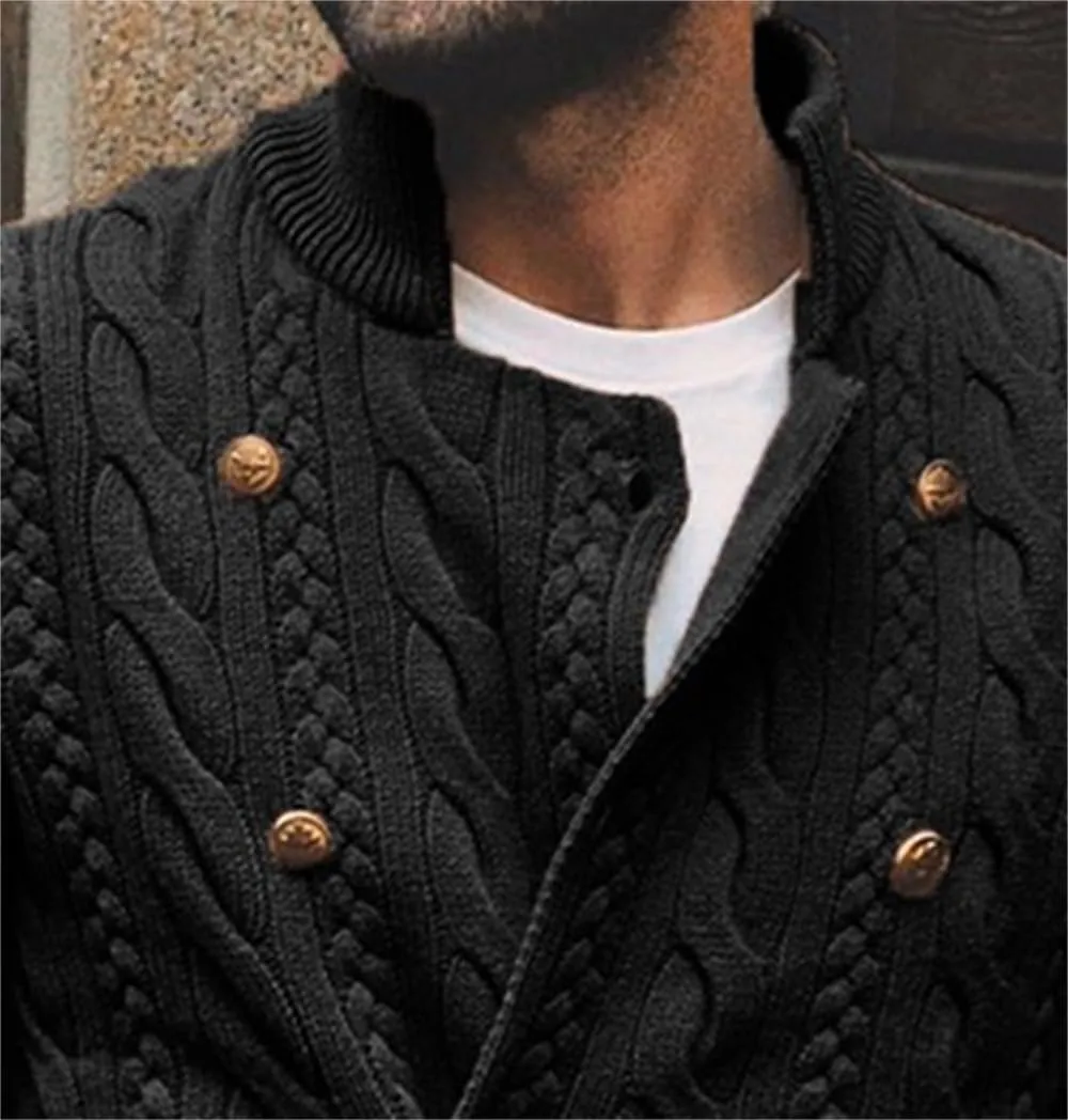 Mens Double Breasted Cardigan Sweaters Slim Fit Casual Stand Collar Cable Knit Button Down Sweaters Outwear