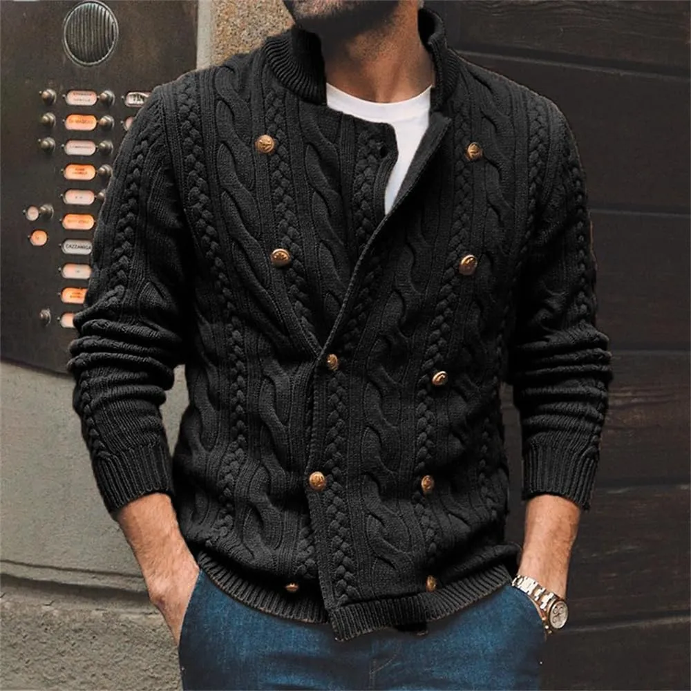 Mens Double Breasted Cardigan Sweaters Slim Fit Casual Stand Collar Cable Knit Button Down Sweaters Outwear