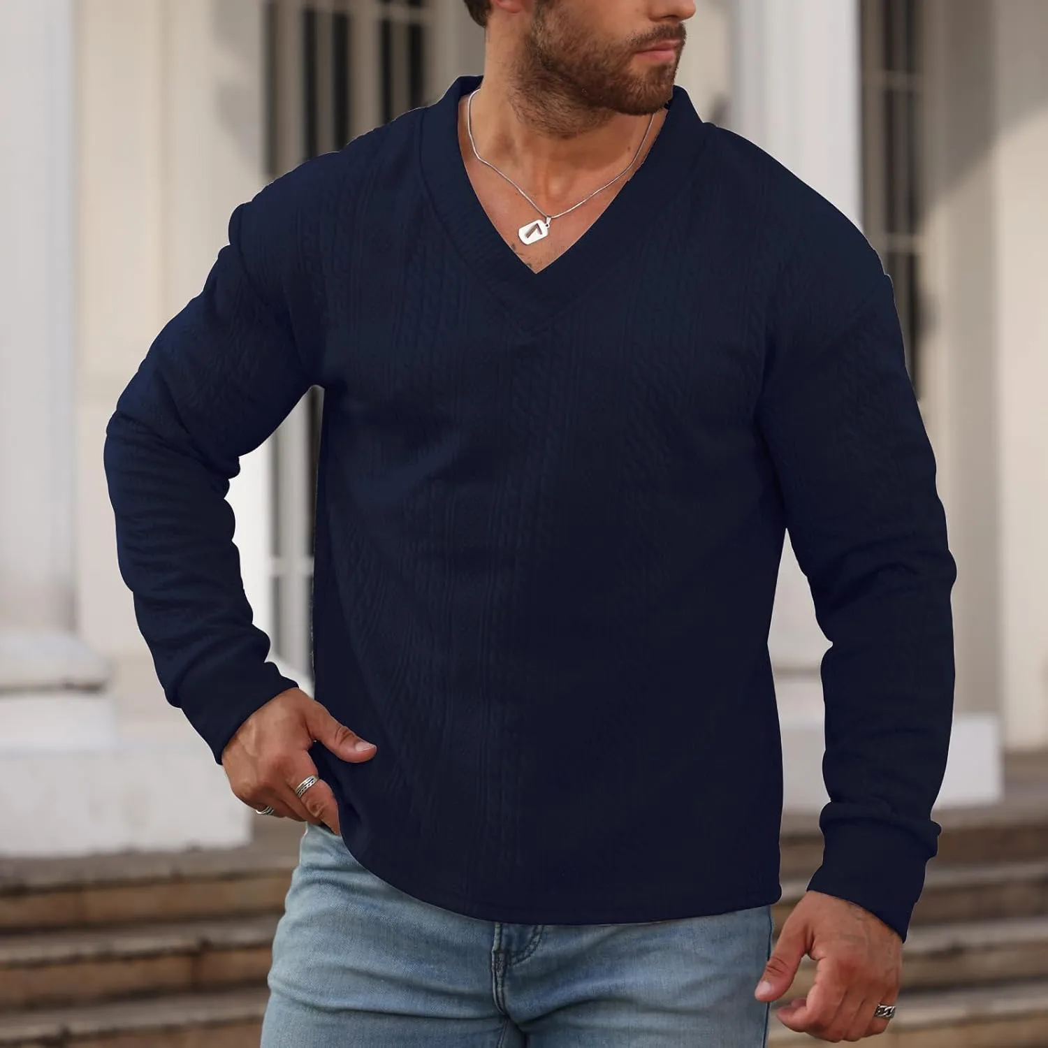 Men's V-Neck Sweatshirt Pullover Long Sleeve Knitted Casual Sweaters