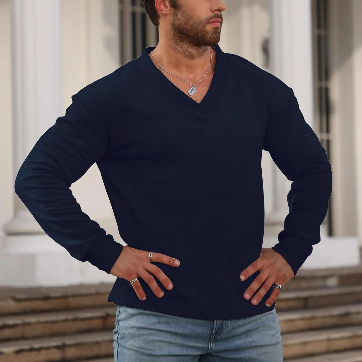 Men's V-Neck Sweatshirt Pullover Long Sleeve Knitted Casual Sweaters