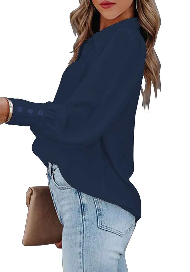 Navy Blue Lantern Sleeves Button-Down Pleated Chiffon Top