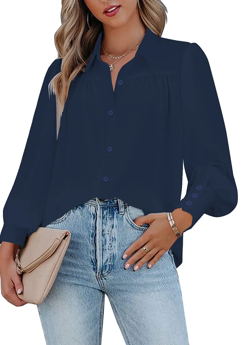 Navy Blue Lantern Sleeves Button-Down Pleated Chiffon Top