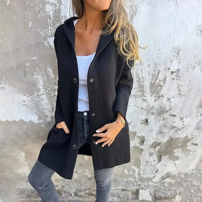 NEW Women Jacket Casual Single Breasted Hooded Jacket Lapel Neck Long Sleeve Winter Button Up Long Trench Coats, Black, Sz S
