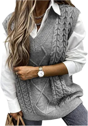 Oversized Cable Knit Sweater Vest for Women V Neck Sleeveless Solid Color Loose Pullover Sweaters Loose Trendy Tops