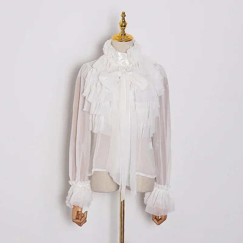 Perspective Tops Female Bowknot Flare Long Sleeve Ruffle Shirt Blouse Women Korean Fashion Clothes Spring