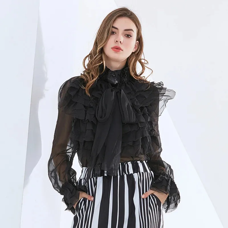 Perspective Tops Female Bowknot Flare Long Sleeve Ruffle Shirt Blouse Women Korean Fashion Clothes Spring
