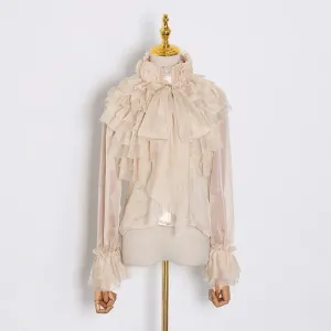 Perspective Tops Female Bowknot Flare Long Sleeve Ruffle Shirt Blouse Women Korean Fashion Clothes Spring