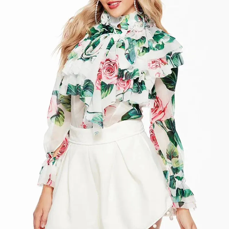 Perspective Tops Female Bowknot Flare Long Sleeve Ruffle Shirt Blouse Women Korean Fashion Clothes Spring