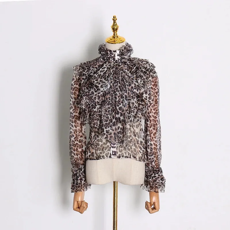 Perspective Tops Female Bowknot Flare Long Sleeve Ruffle Shirt Blouse Women Korean Fashion Clothes Spring