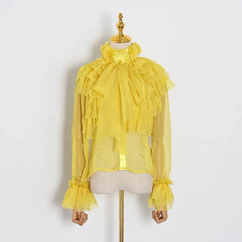 Perspective Tops Female Bowknot Flare Long Sleeve Ruffle Shirt Blouse Women Korean Fashion Clothes Spring