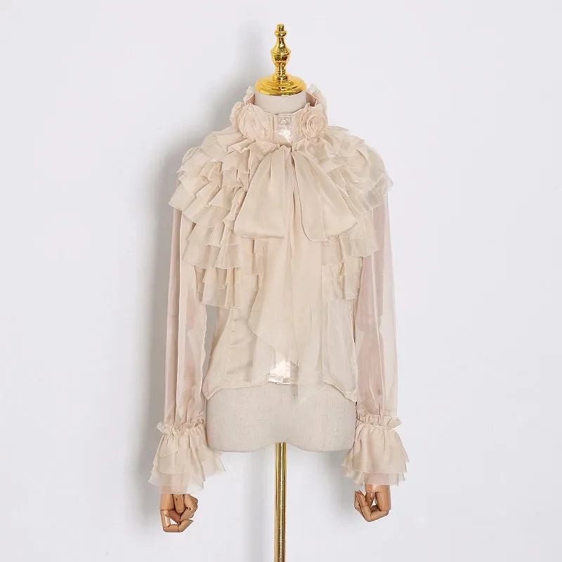 Perspective Tops Female Bowknot Flare Long Sleeve Ruffle Shirt Blouse Women Korean Fashion Clothes Spring