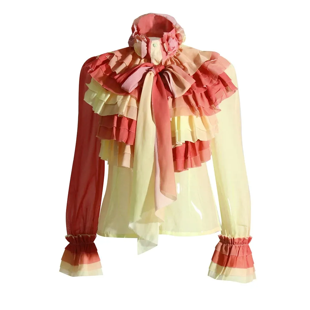 Perspective Tops Female Bowknot Flare Long Sleeve Ruffle Shirt Blouse Women Korean Fashion Clothes Spring