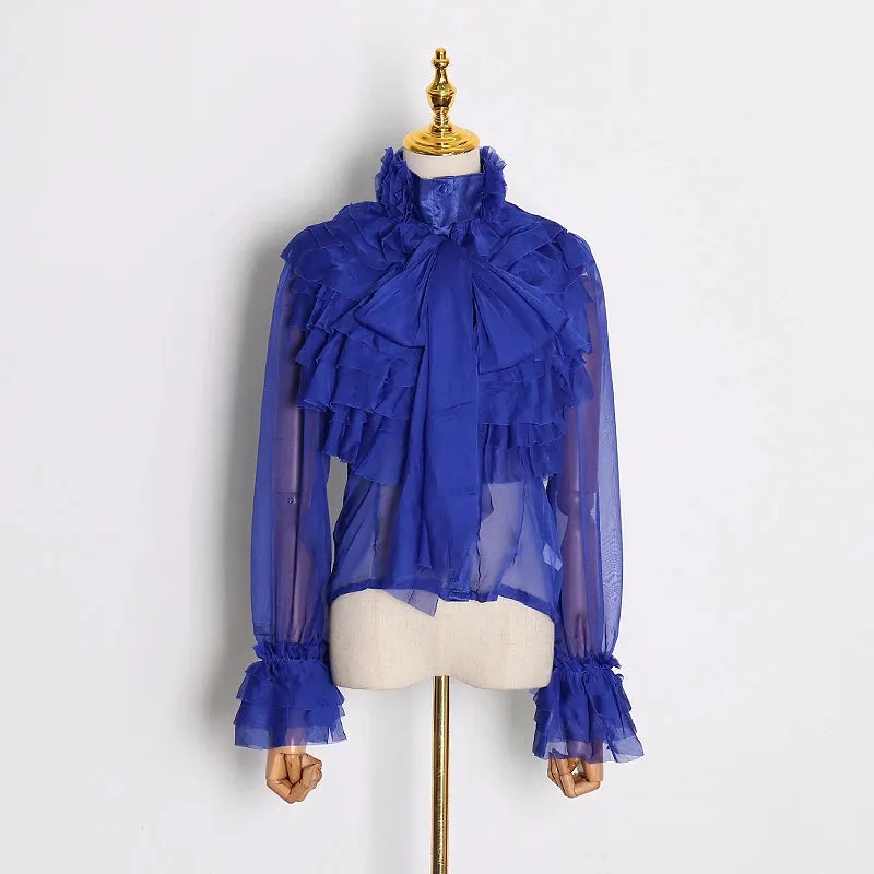 Perspective Tops Female Bowknot Flare Long Sleeve Ruffle Shirt Blouse Women Korean Fashion Clothes Spring
