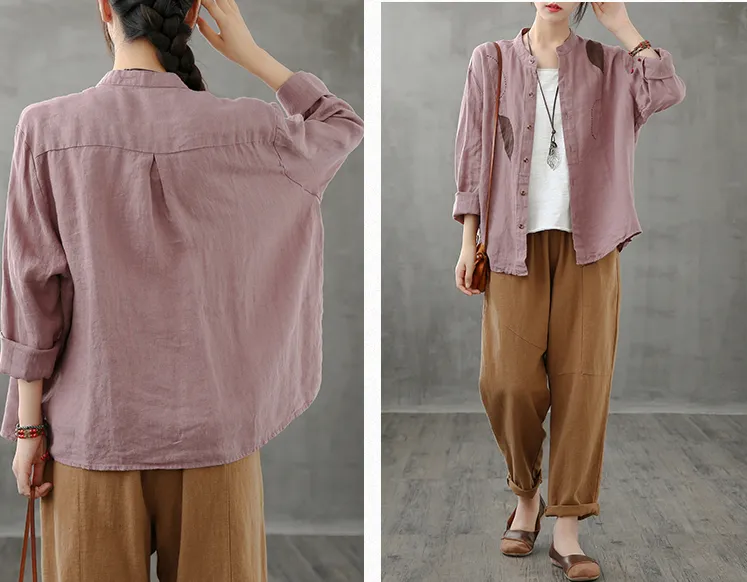 Plaid Women Casual Blouse Cotton Linen Shirts Tops DZA200963
