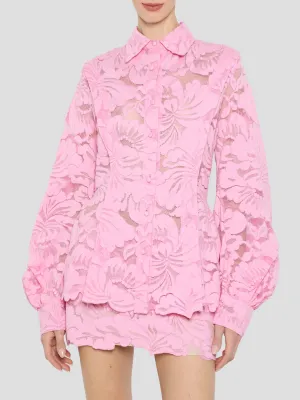 Poet Sleeve Button Down Peplum Shirt in Aurora Pink