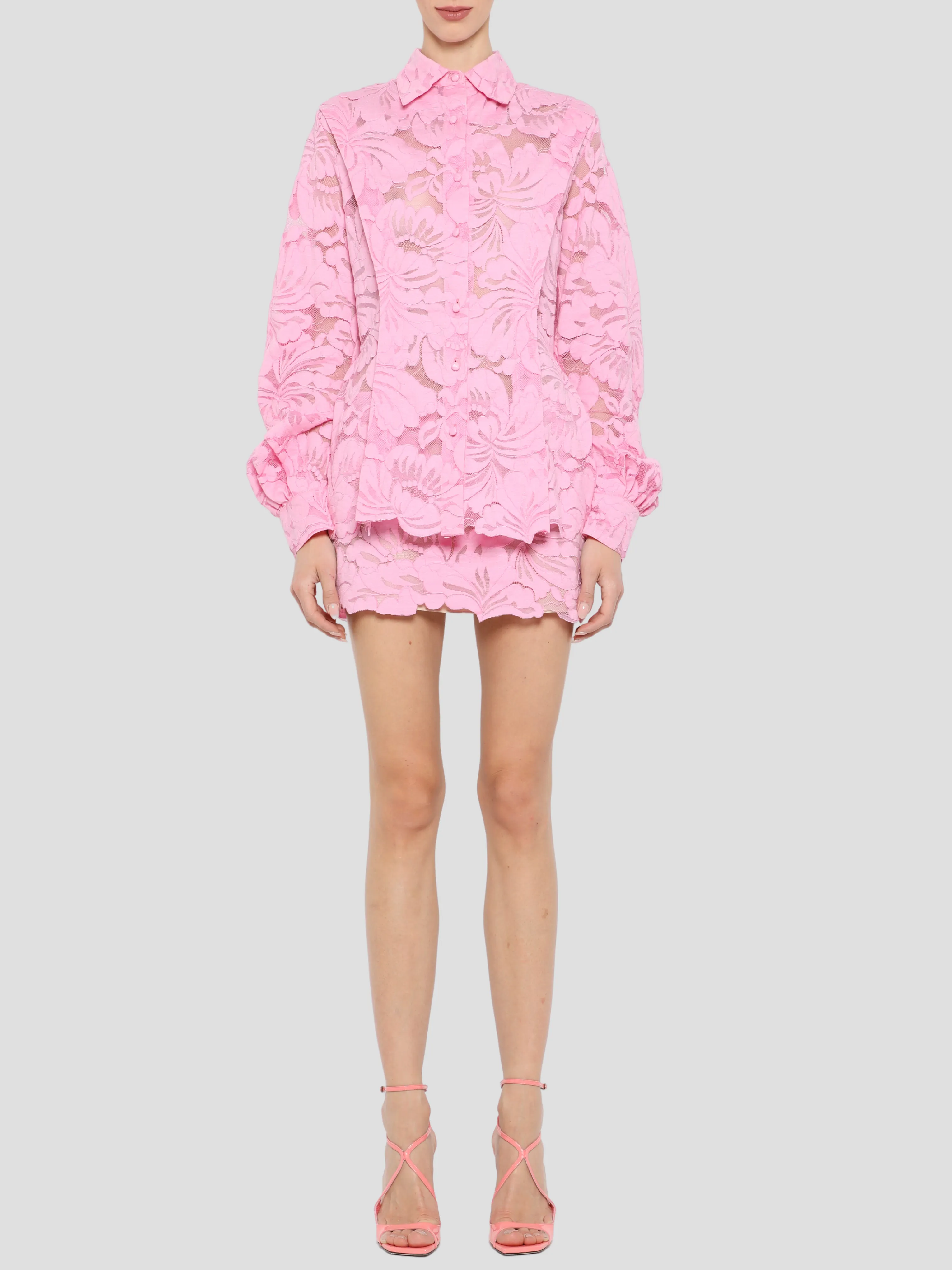 Poet Sleeve Button Down Peplum Shirt in Aurora Pink