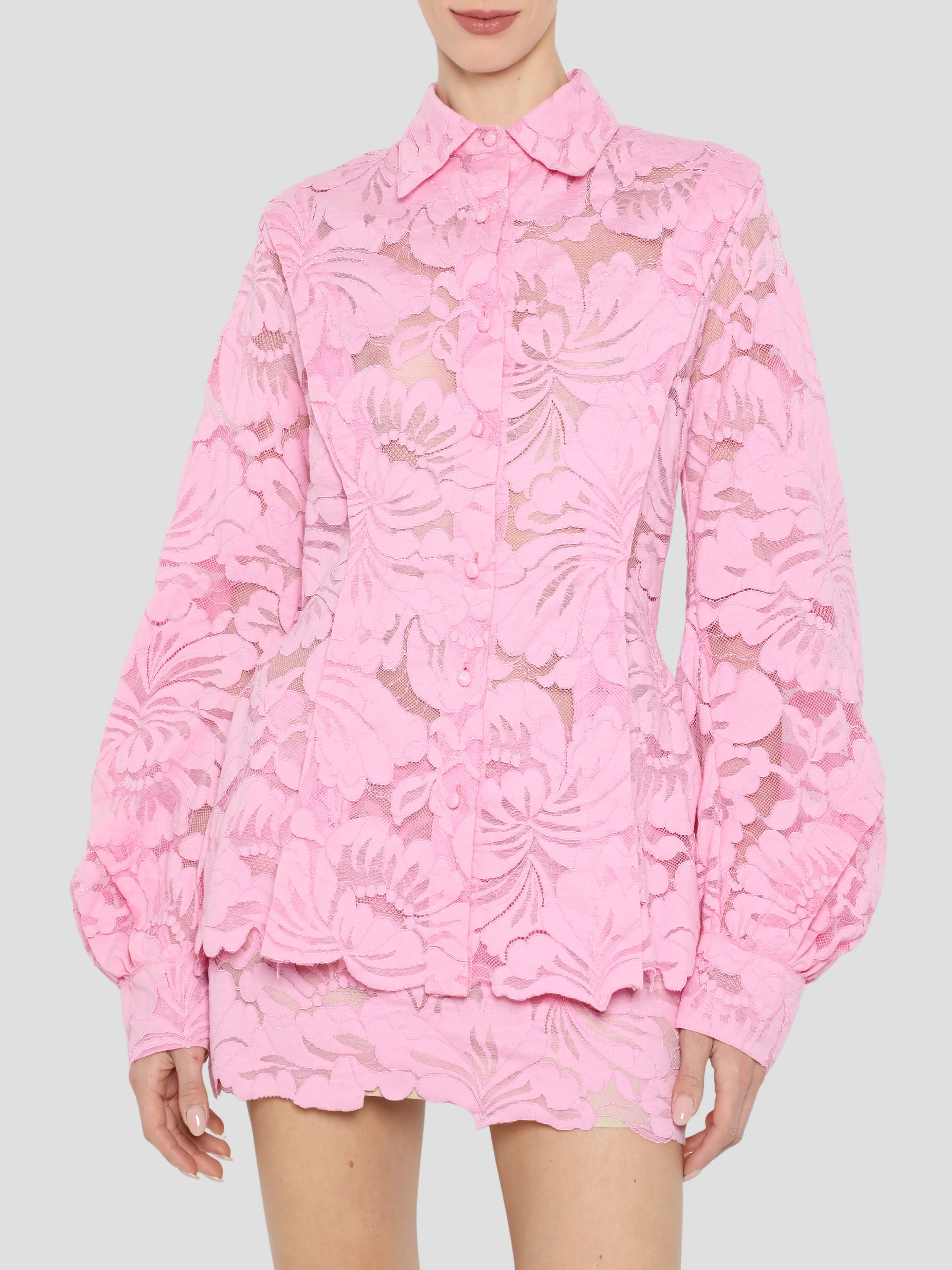 Poet Sleeve Button Down Peplum Shirt in Aurora Pink