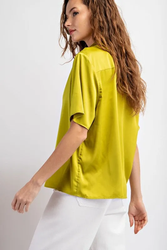 Satin Short Sleeve Blouse - Avocado