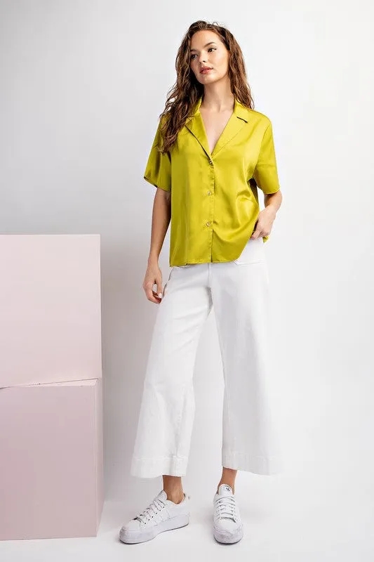Satin Short Sleeve Blouse - Avocado