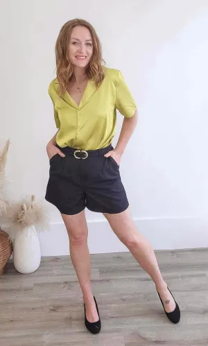 Satin Short Sleeve Blouse - Avocado