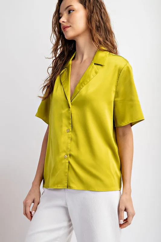 Satin Short Sleeve Blouse - Avocado