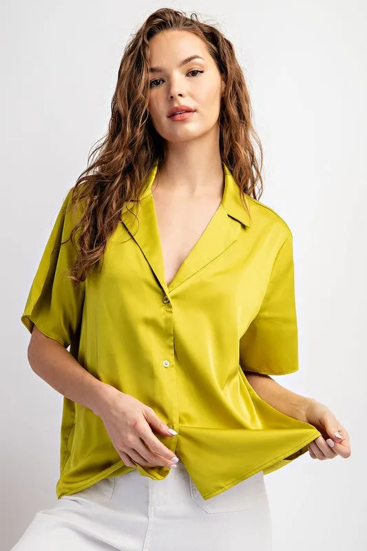 Satin Short Sleeve Blouse - Avocado