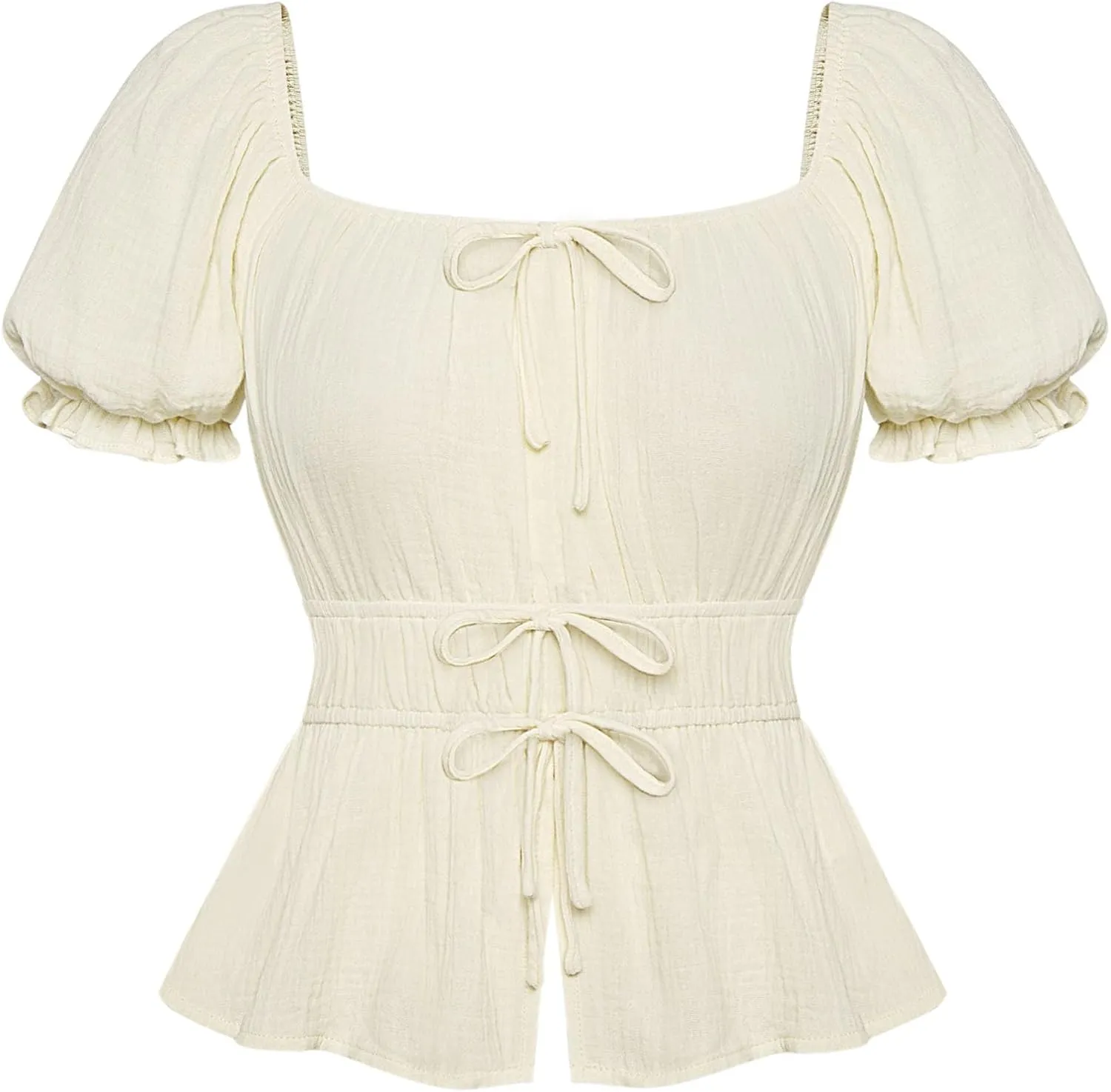 Scarlet Darkness Women Tie Front Tops Renaissance Puff Sleeve Blouse Peasant Peplum Shirts