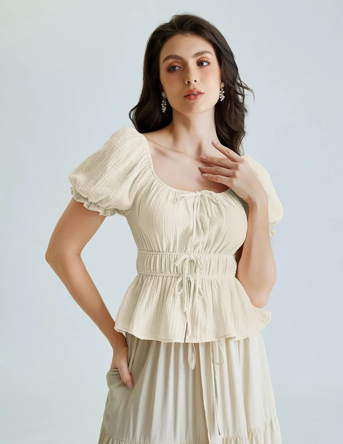 Scarlet Darkness Women Tie Front Tops Renaissance Puff Sleeve Blouse Peasant Peplum Shirts