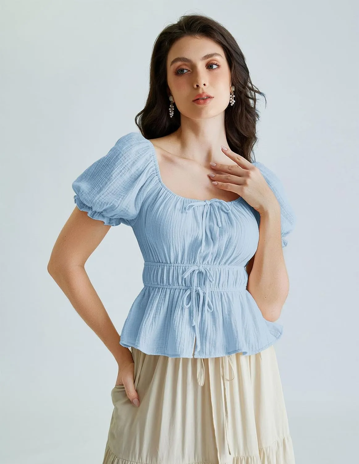 Scarlet Darkness Women Tie Front Tops Renaissance Puff Sleeve Blouse Peasant Peplum Shirts