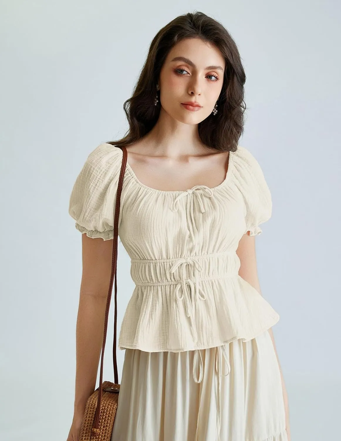 Scarlet Darkness Women Tie Front Tops Renaissance Puff Sleeve Blouse Peasant Peplum Shirts