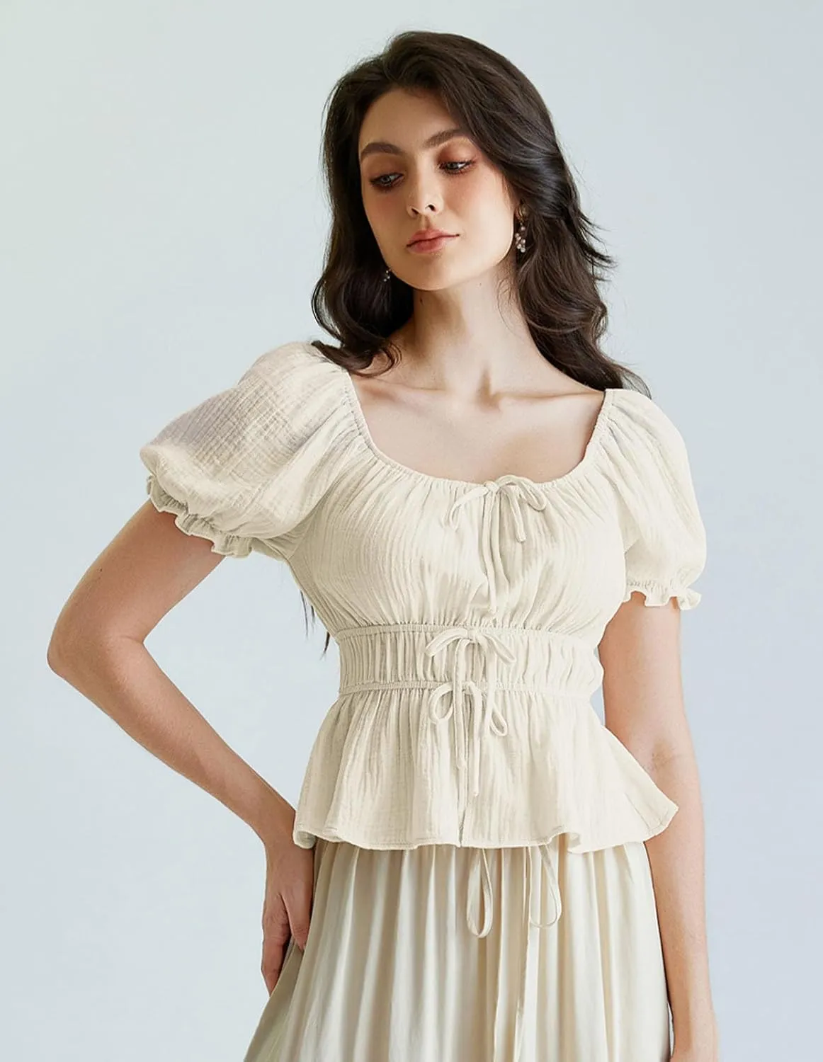 Scarlet Darkness Women Tie Front Tops Renaissance Puff Sleeve Blouse Peasant Peplum Shirts