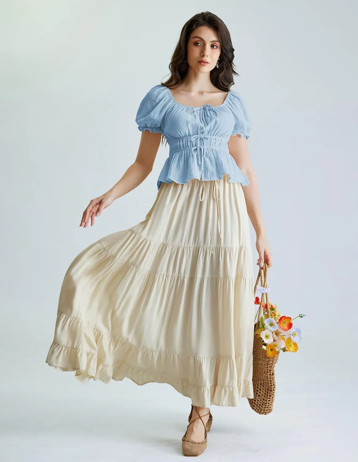 Scarlet Darkness Women Tie Front Tops Renaissance Puff Sleeve Blouse Peasant Peplum Shirts