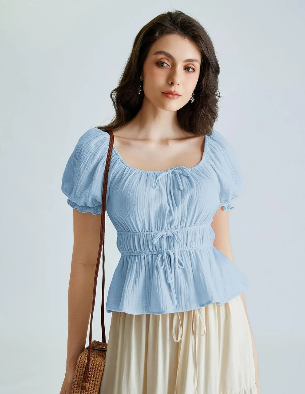 Scarlet Darkness Women Tie Front Tops Renaissance Puff Sleeve Blouse Peasant Peplum Shirts