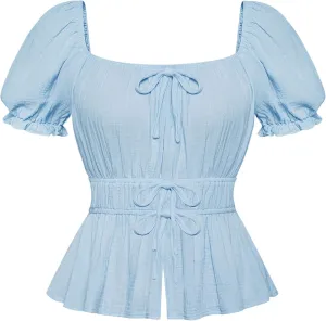 Scarlet Darkness Women Tie Front Tops Renaissance Puff Sleeve Blouse Peasant Peplum Shirts