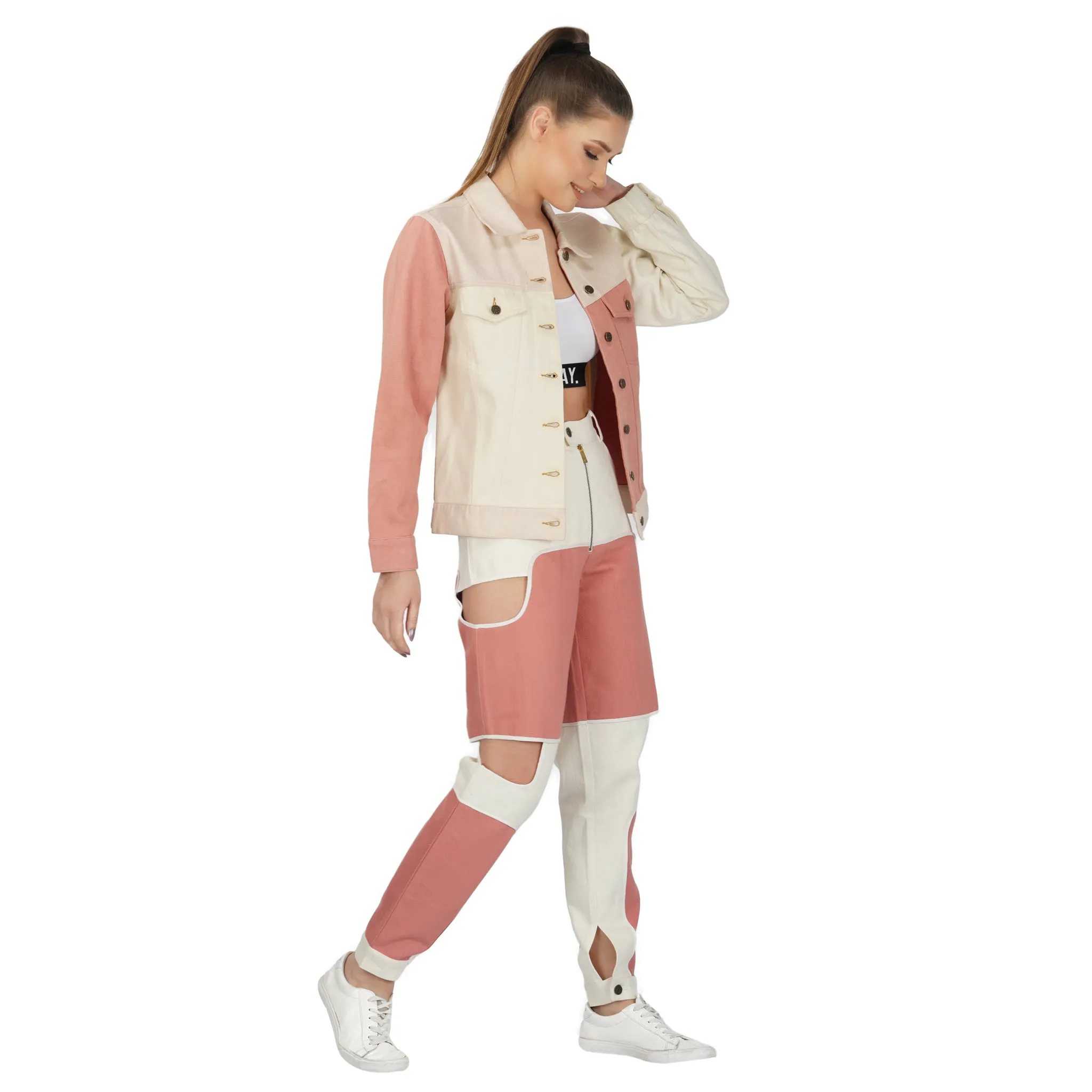 SLAY. Women's Pink & White Colorblock Denim Jacket & Jeans Co-ord Set