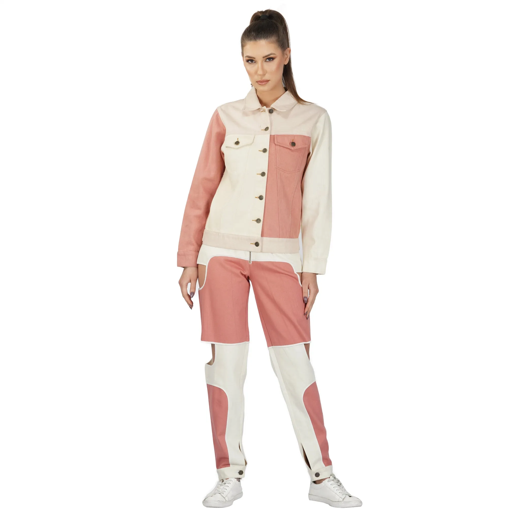 SLAY. Women's Pink & White Colorblock Denim Jacket & Jeans Co-ord Set