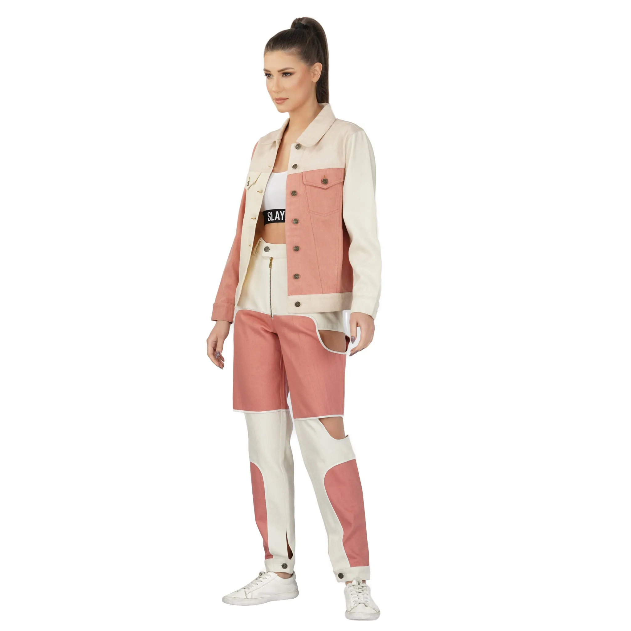 SLAY. Women's Pink & White Colorblock Denim Jacket & Jeans Co-ord Set
