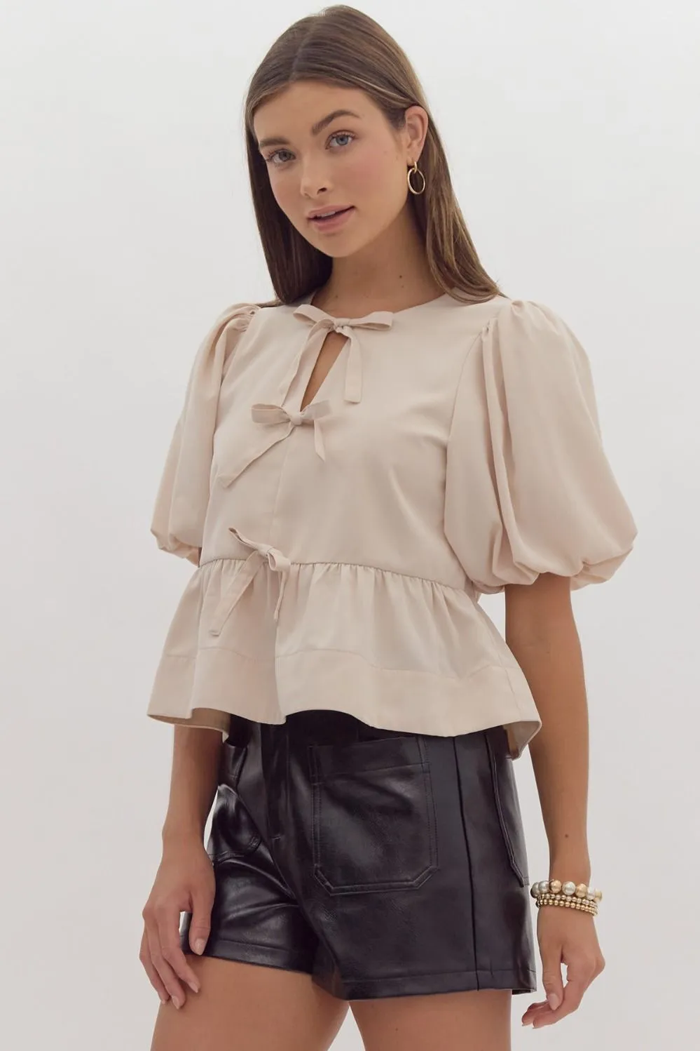 Solid Short Puff Sleeve Peplum Top- Ecru