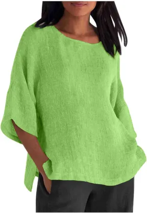 Summer Tops for Women 2025 Trendy 3/4 Length Sleeve Crew Neck Lined Shirts Loose Fit Side Split Solid Blouses Casual