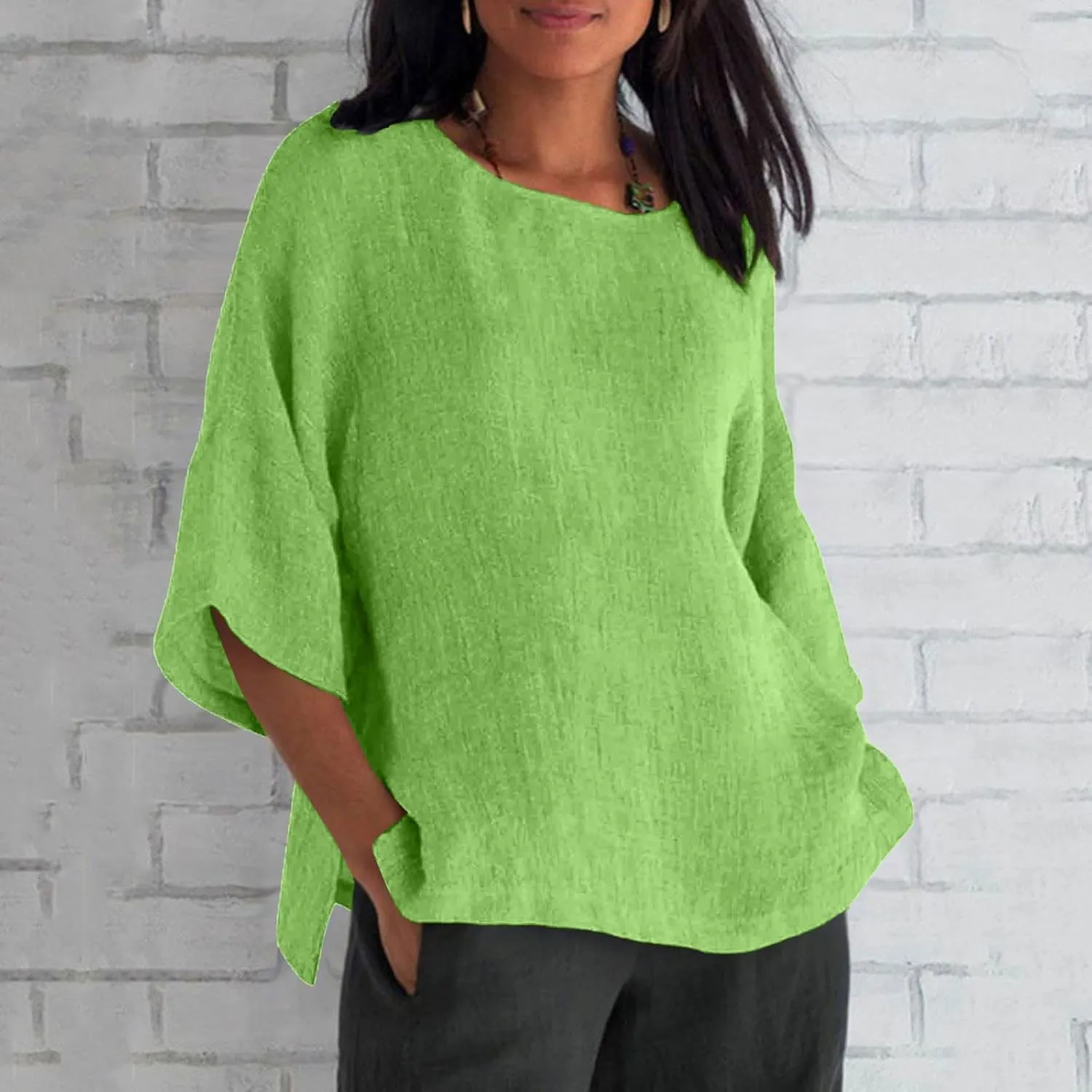 Summer Tops for Women 2025 Trendy 3/4 Length Sleeve Crew Neck Lined Shirts Loose Fit Side Split Solid Blouses Casual