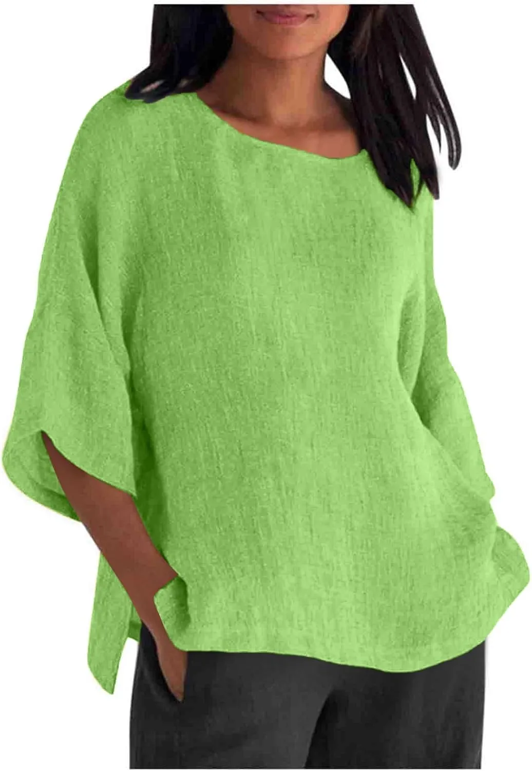 Summer Tops for Women 2025 Trendy 3/4 Length Sleeve Crew Neck Lined Shirts Loose Fit Side Split Solid Blouses Casual