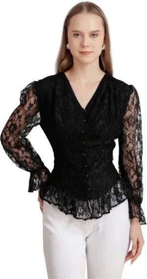 ThePirateDressing Lace Long Sleeve Tops for Women Puff Sleeve Steampunk Gothic Victorian Button Up Blouse