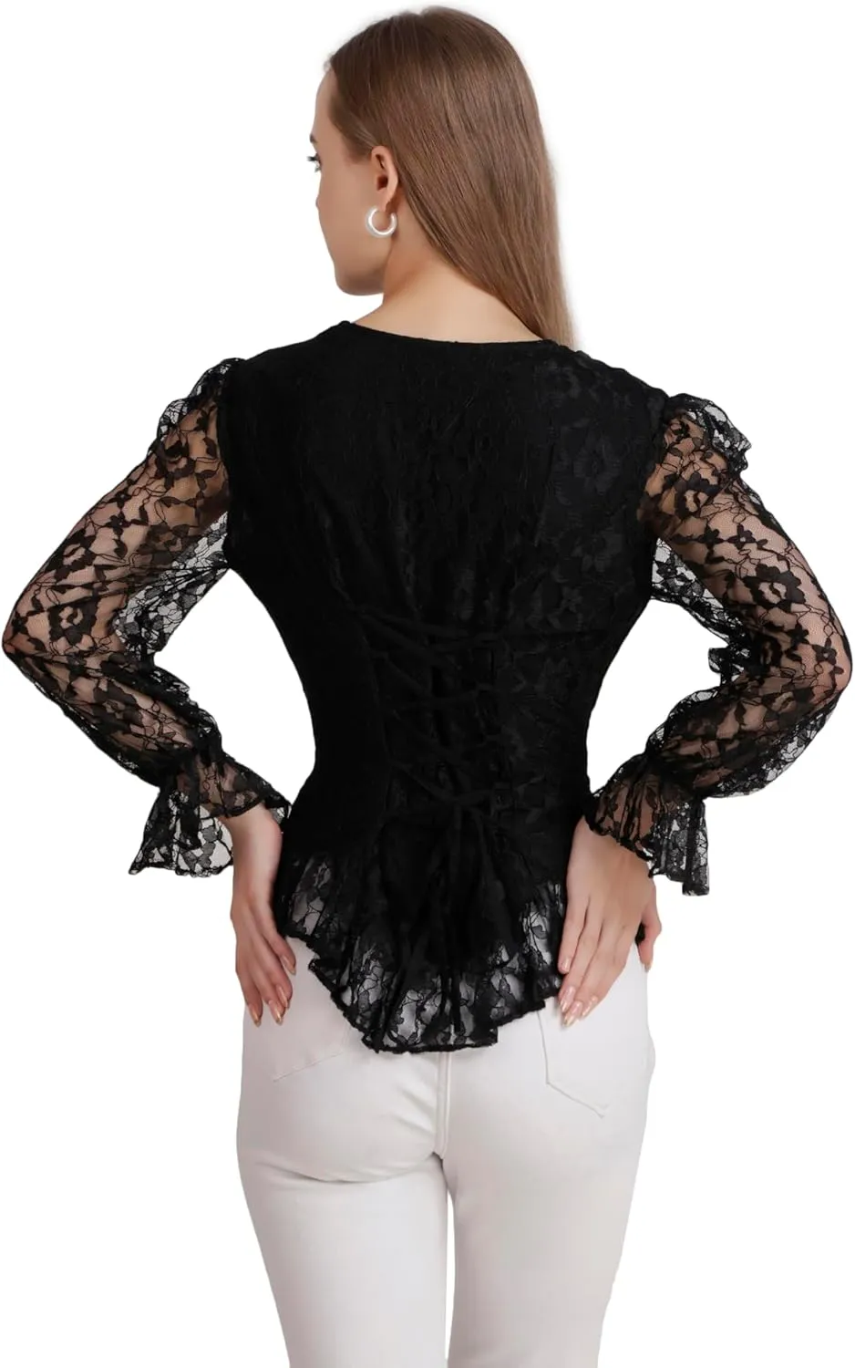 ThePirateDressing Lace Long Sleeve Tops for Women Puff Sleeve Steampunk Gothic Victorian Button Up Blouse