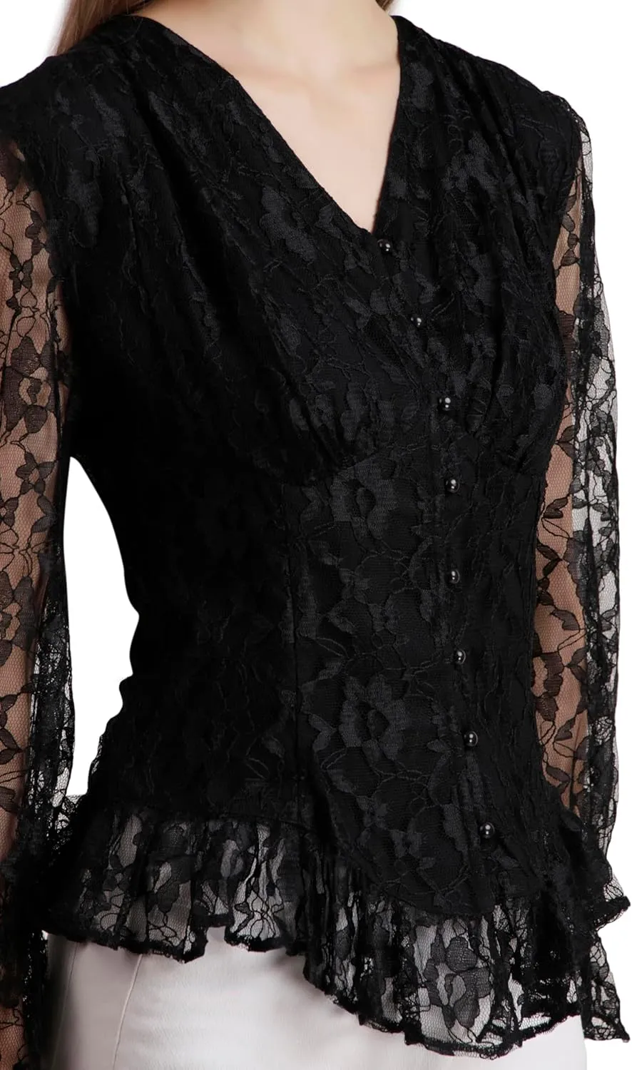 ThePirateDressing Lace Long Sleeve Tops for Women Puff Sleeve Steampunk Gothic Victorian Button Up Blouse