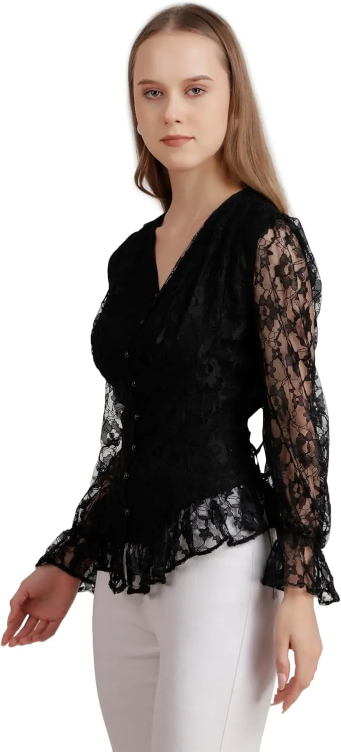 ThePirateDressing Lace Long Sleeve Tops for Women Puff Sleeve Steampunk Gothic Victorian Button Up Blouse