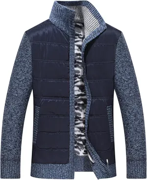tuduoms Men's Thermal Chunky Knit Sweaters Stand Collar Full Zip Cardigan Jacket Thick Fleece Lined Cotton Padded Overcoats